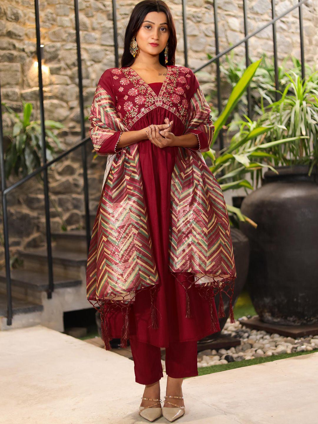 tikhi imli women maroon embroidered pleated thread work kurta with trousers & with dupatta