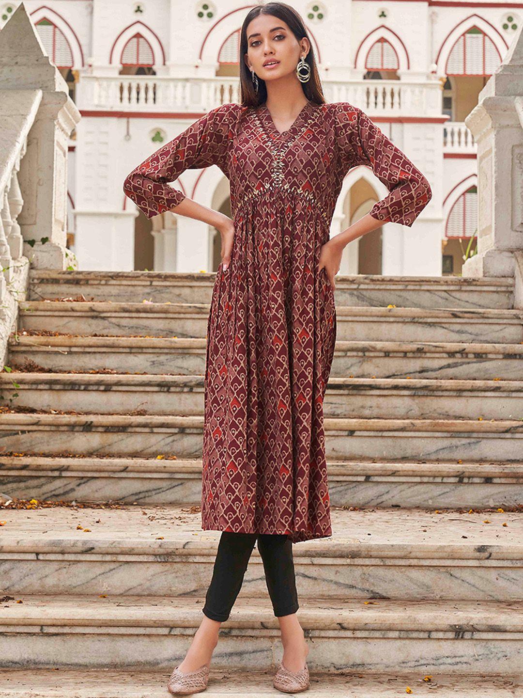 tikhi imli women maroon geometric printed flared sleeves thread work anarkali kurta