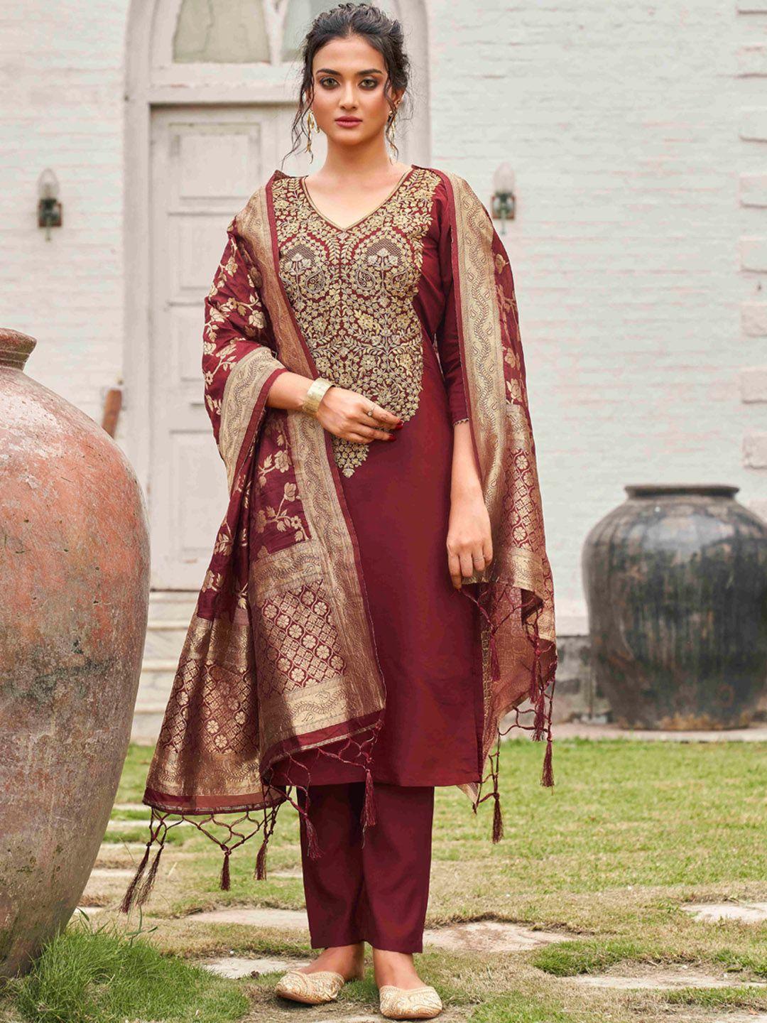 tikhi imli women maroon regular kurta with trousers & with dupatta