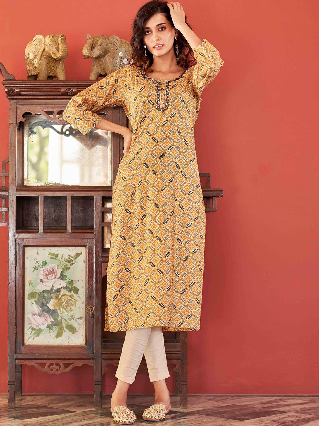 tikhi imli women mustard yellow ethnic motifs printed pastels chanderi silk kurta