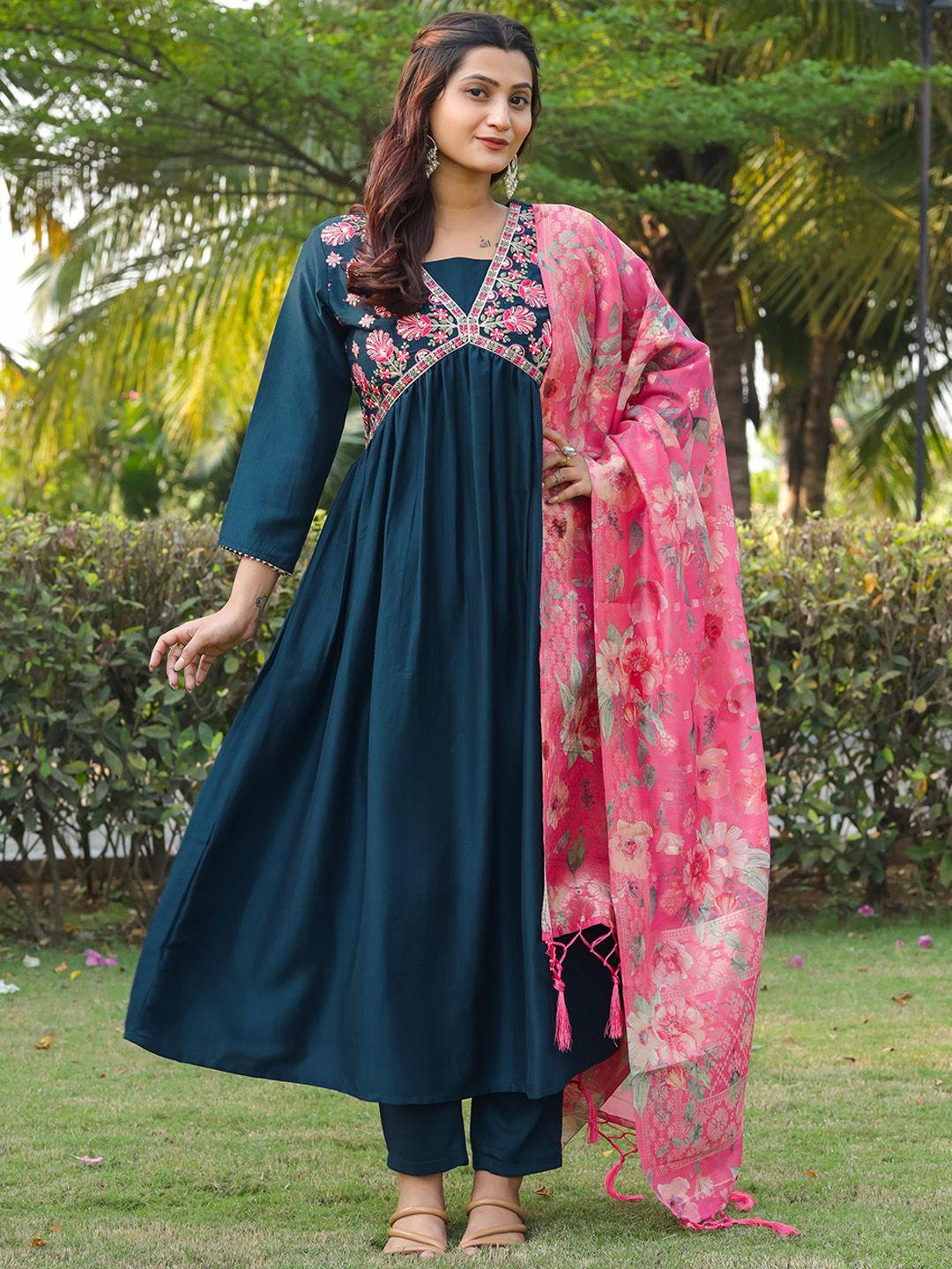 tikhi imli women navy blue embroidered pleated thread work kurta with trousers & with dupatta