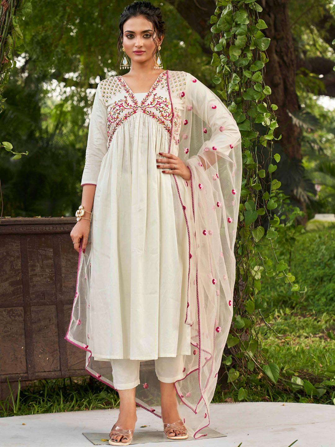 tikhi imli women off white embroidered pleated thread work kurta with trousers & with dupatta