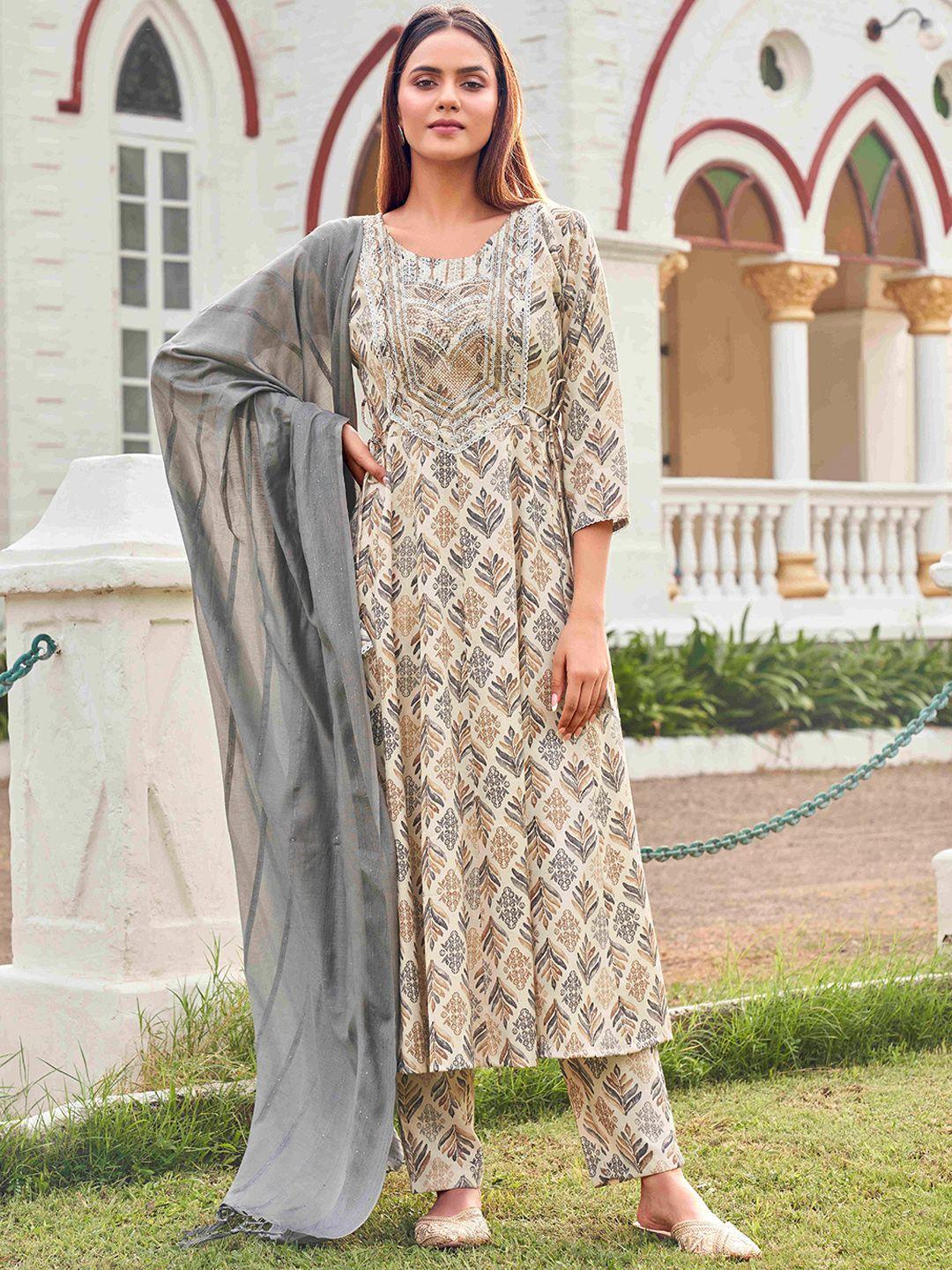 tikhi imli women off white floral yoke design panelled sequinned kurta with trousers & with dupatta