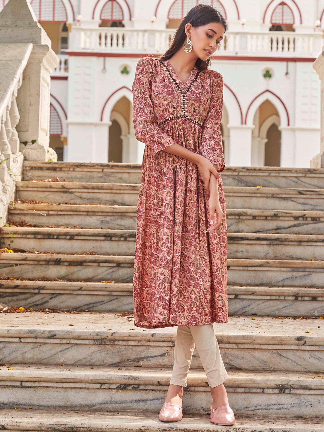 tikhi imli women peach-coloured paisley printed flared sleeves thread work anarkali kurta