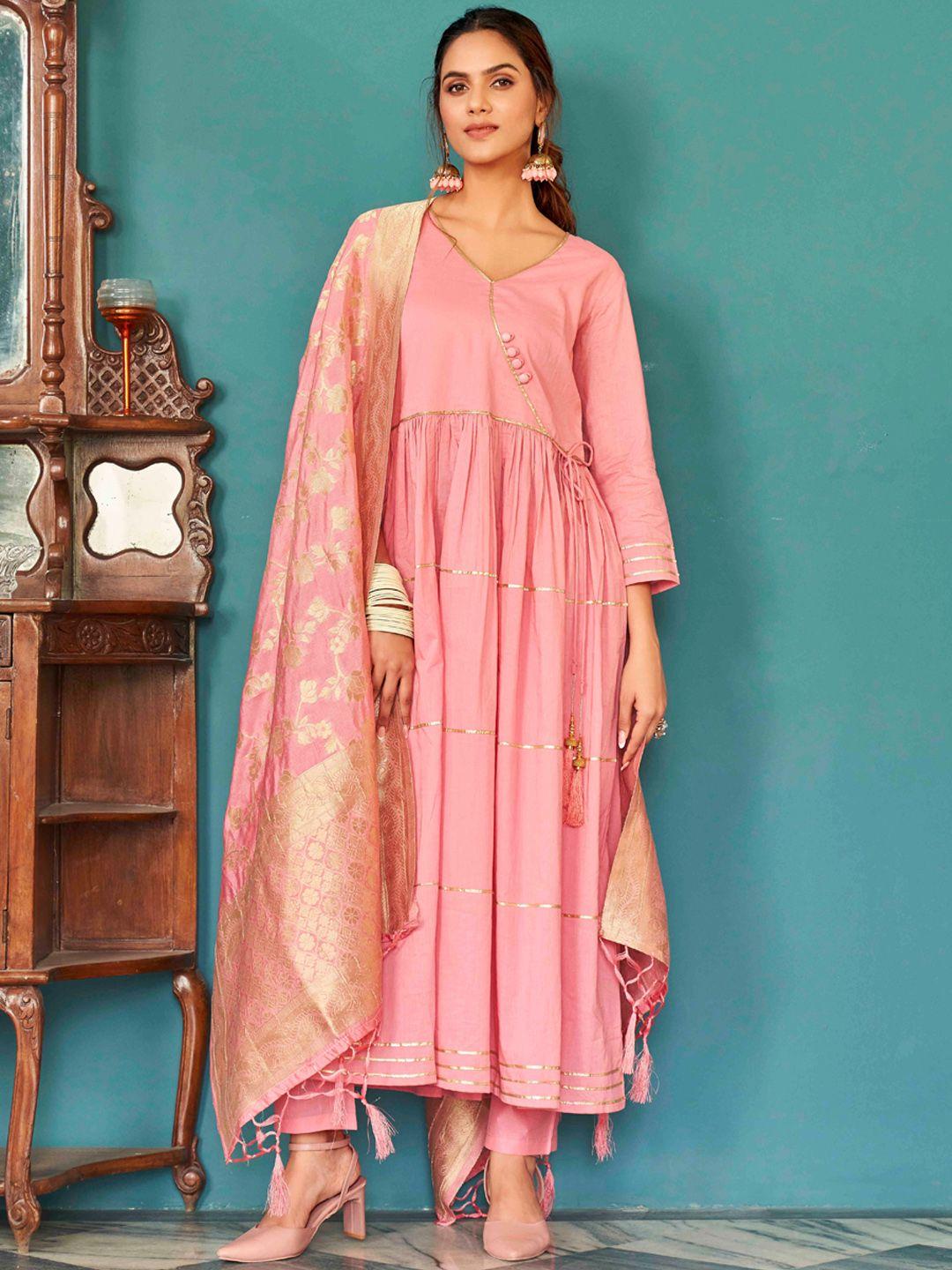 tikhi imli women pink angrakha gotta patti pure cotton kurta with trousers & with dupatta