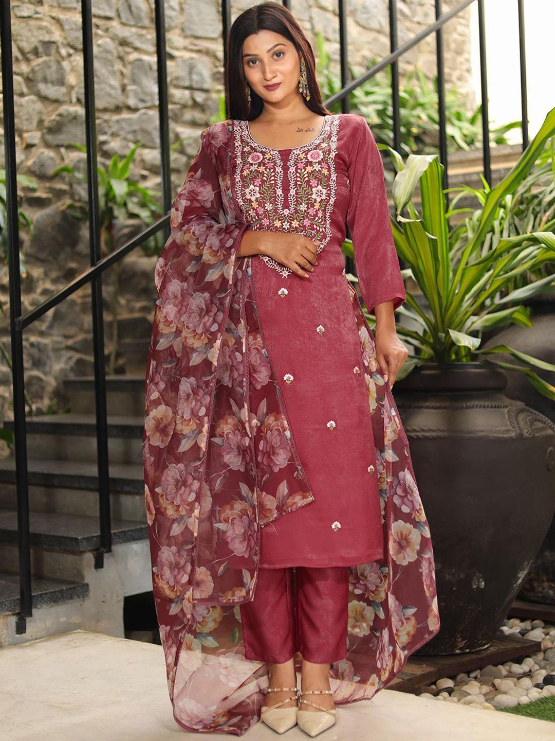 tikhi imli women pink embroidered regular thread work velvet kurta with trousers & with dupatta
