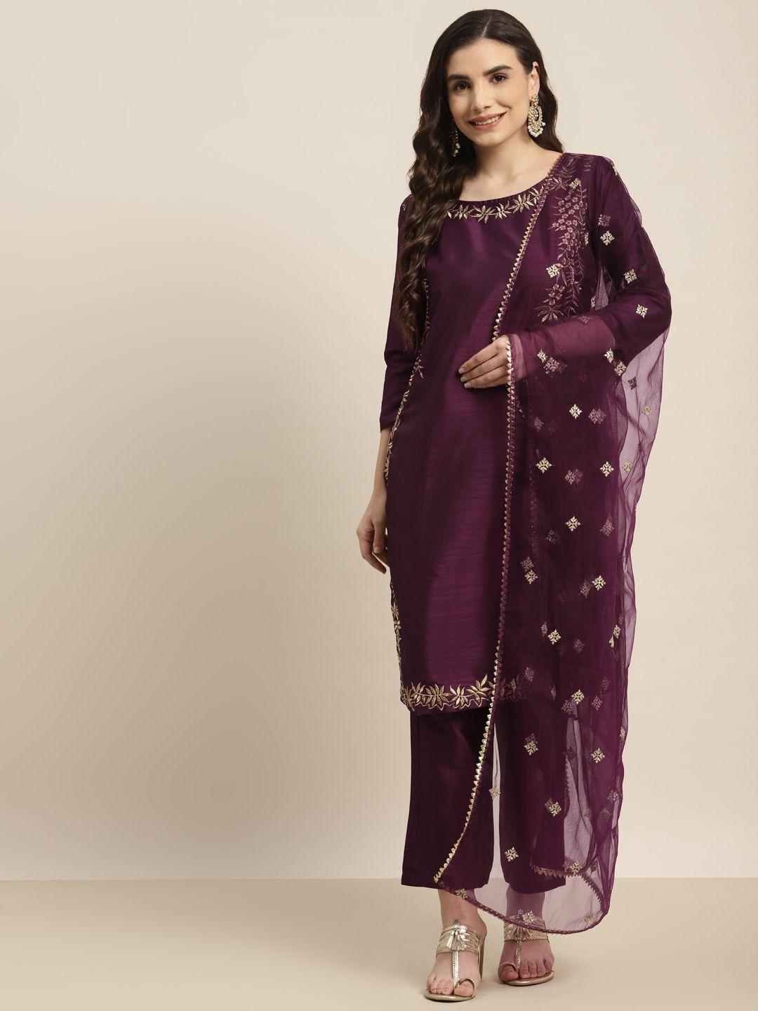 tikhi imli women purple & golden thread work kurta with trousers & with dupatta