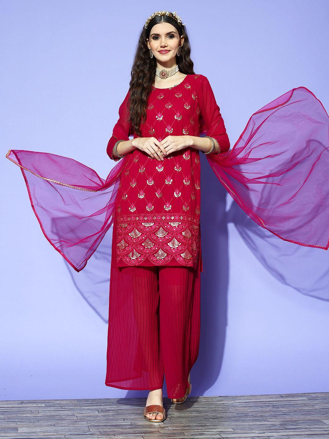 tikhi imli women red ethnic motifs embroidered sequinned kurta with palazzos & with dupatta