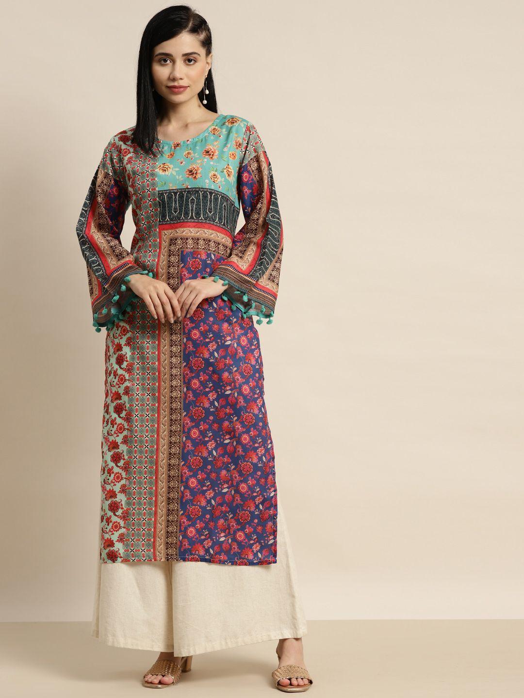 tikhi imli women sea green & violet ethnic motifs printed pure cotton kurta