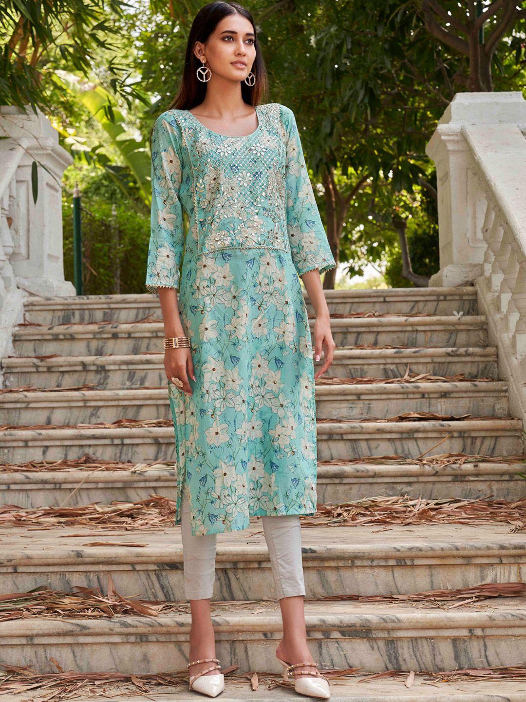 tikhi imli women turquoise blue floral printed flared sleeves thread work floral anarkali kurta