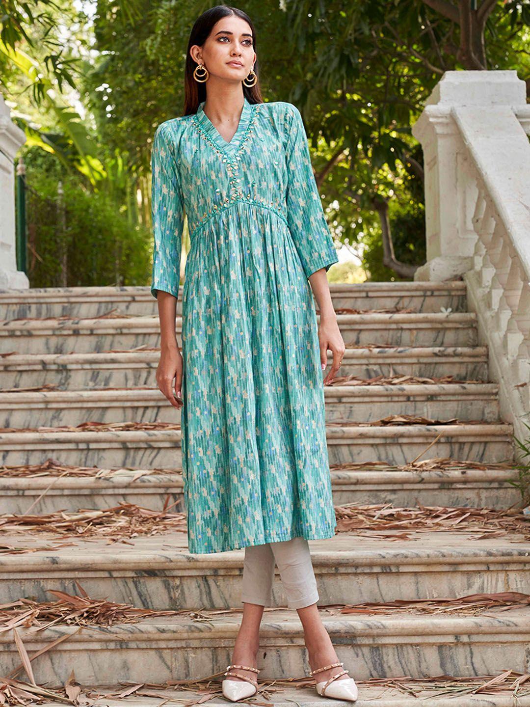 tikhi imli women turquoise blue printed flared sleeves anarkali kurta