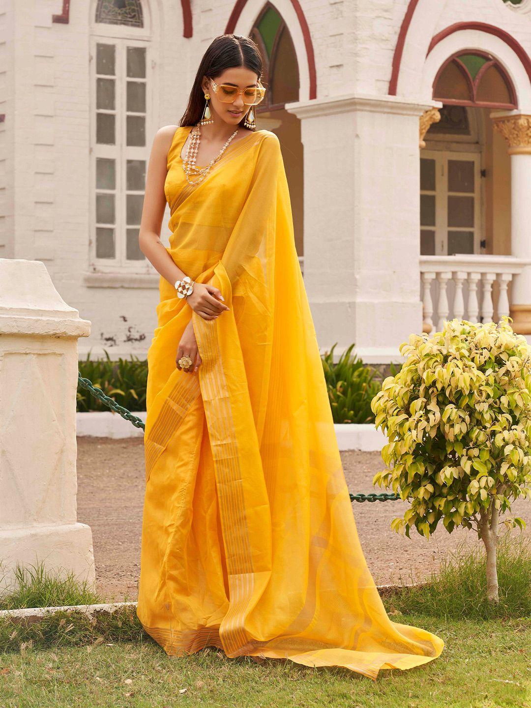 tikhi imli yellow & gold-toned zari ready to wear saree