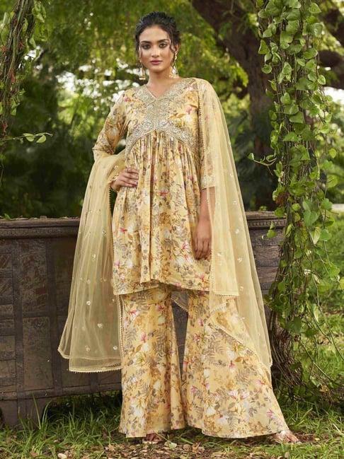 tikhi imli yellow cotton embellished kurta sharara set with dupatta