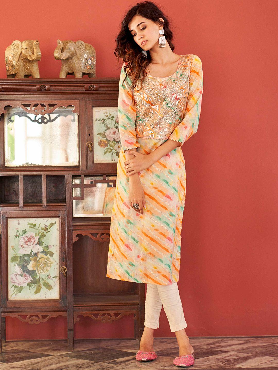 tikhi imli yellow leheriya floral printed sequins kurta