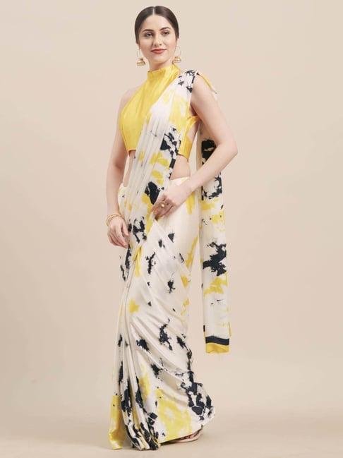 tikhi imli yellow printed saree with unstitched blouse