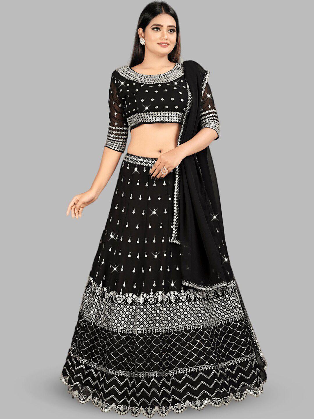 tikodi black & silver-toned embroidered thread work semi-stitched lehenga & unstitched blouse with dupatta