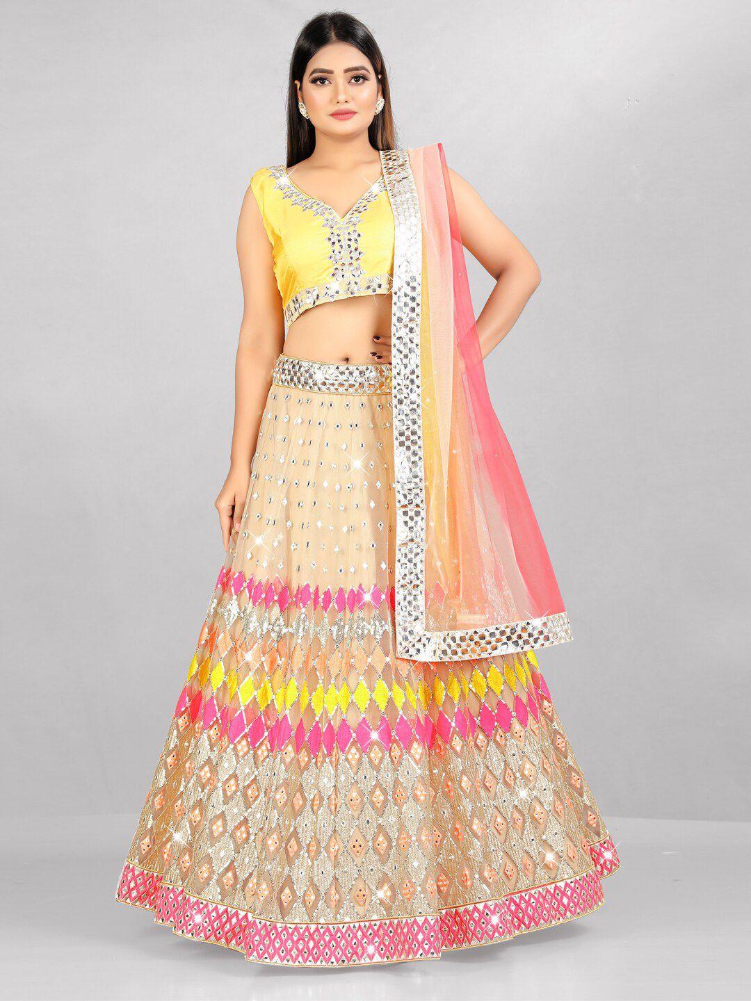 tikodi peach-coloured & yellow embroidered sequinned semi-stitched lehenga & unstitched blouse with dupatta