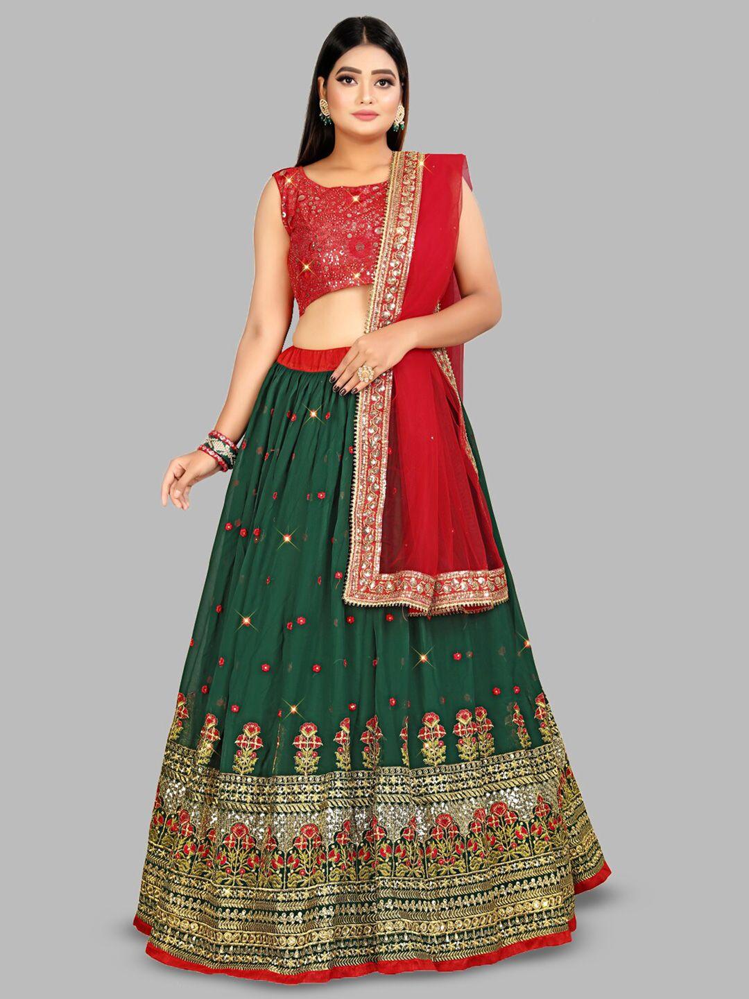 tikodi green & red embroidered sequinned semi-stitched lehenga & unstitched blouse with dupatta