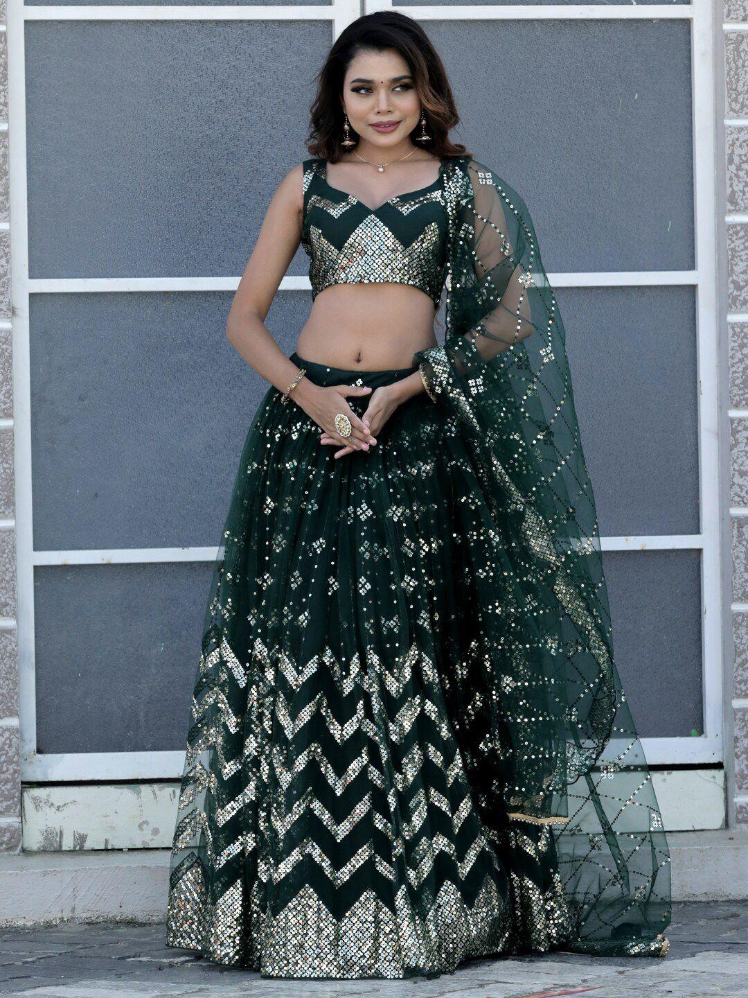 tikodi green embroidered sequinned semi-stitched lehenga & unstitched blouse with dupatta