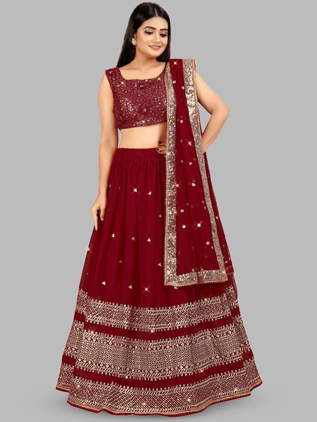 tikodi maroon & gold-toned embroidered sequinned semi-stitched lehenga & unstitched blouse with dupatta