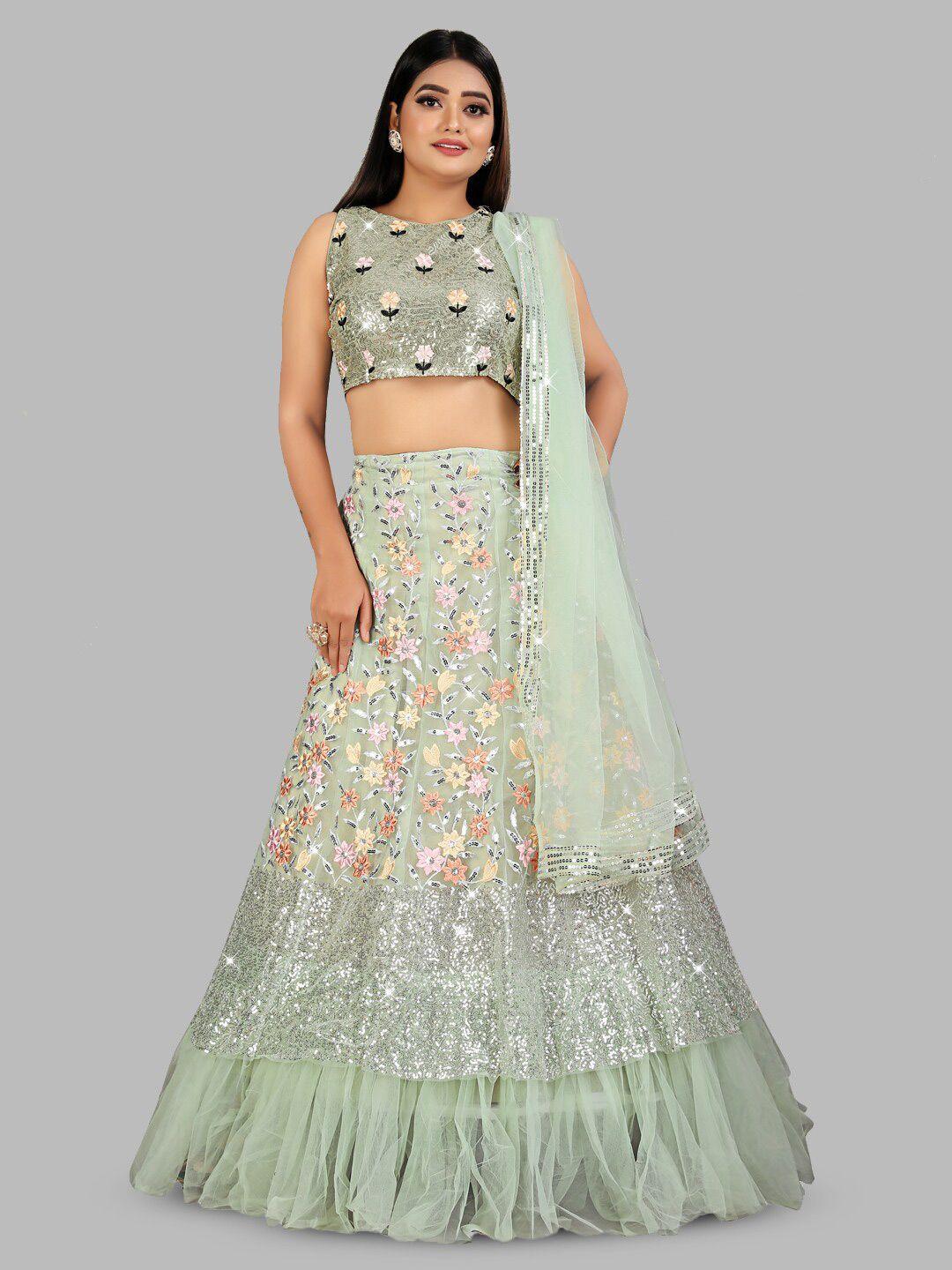 tikodi olive green & pink embroidered sequinned semi-stitched lehenga & unstitched blouse with dupatta