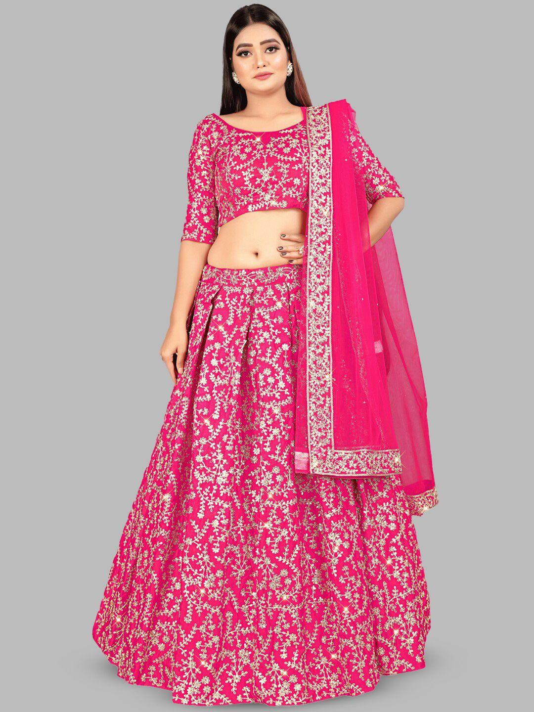 tikodi pink & gold-toned embroidered thread work semi-stitched lehenga & unstitched blouse with dupatta