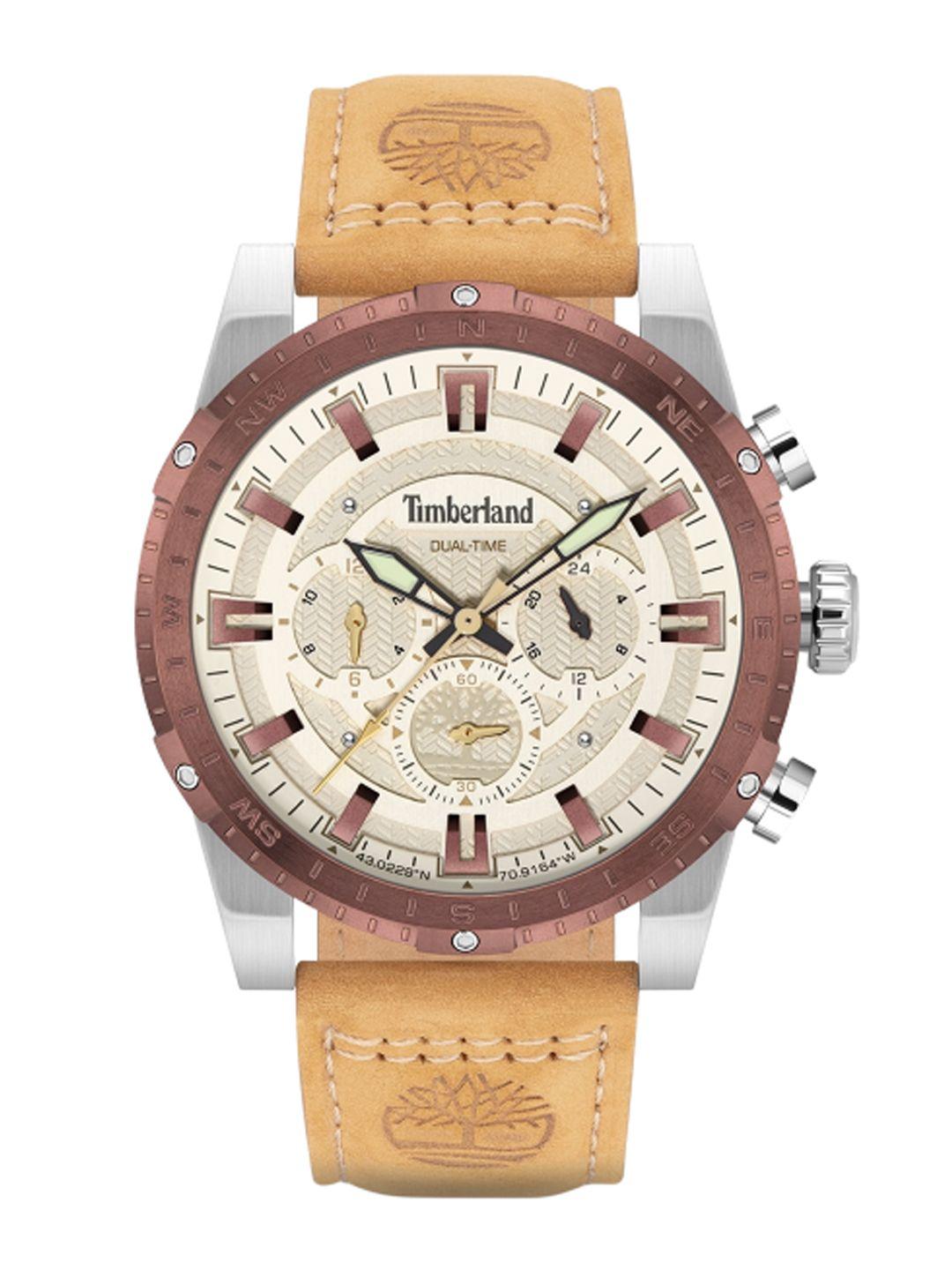 timberland men cream dial & brown leather strap analogue watch tdwgf2202003