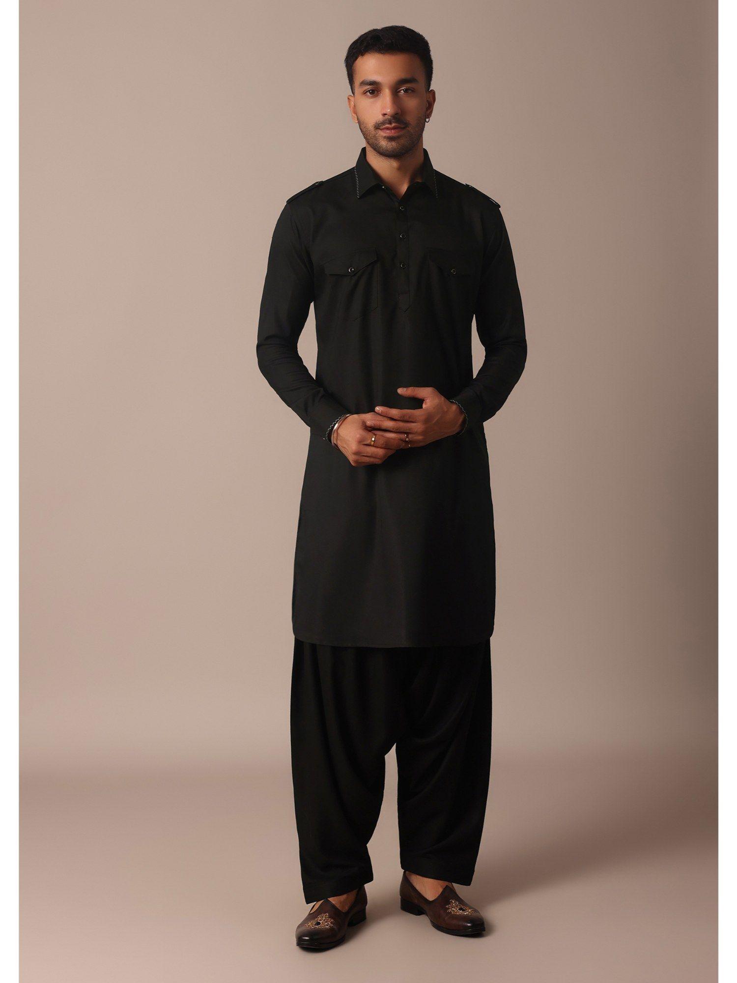 timeless black pathani kurta (set of 2)