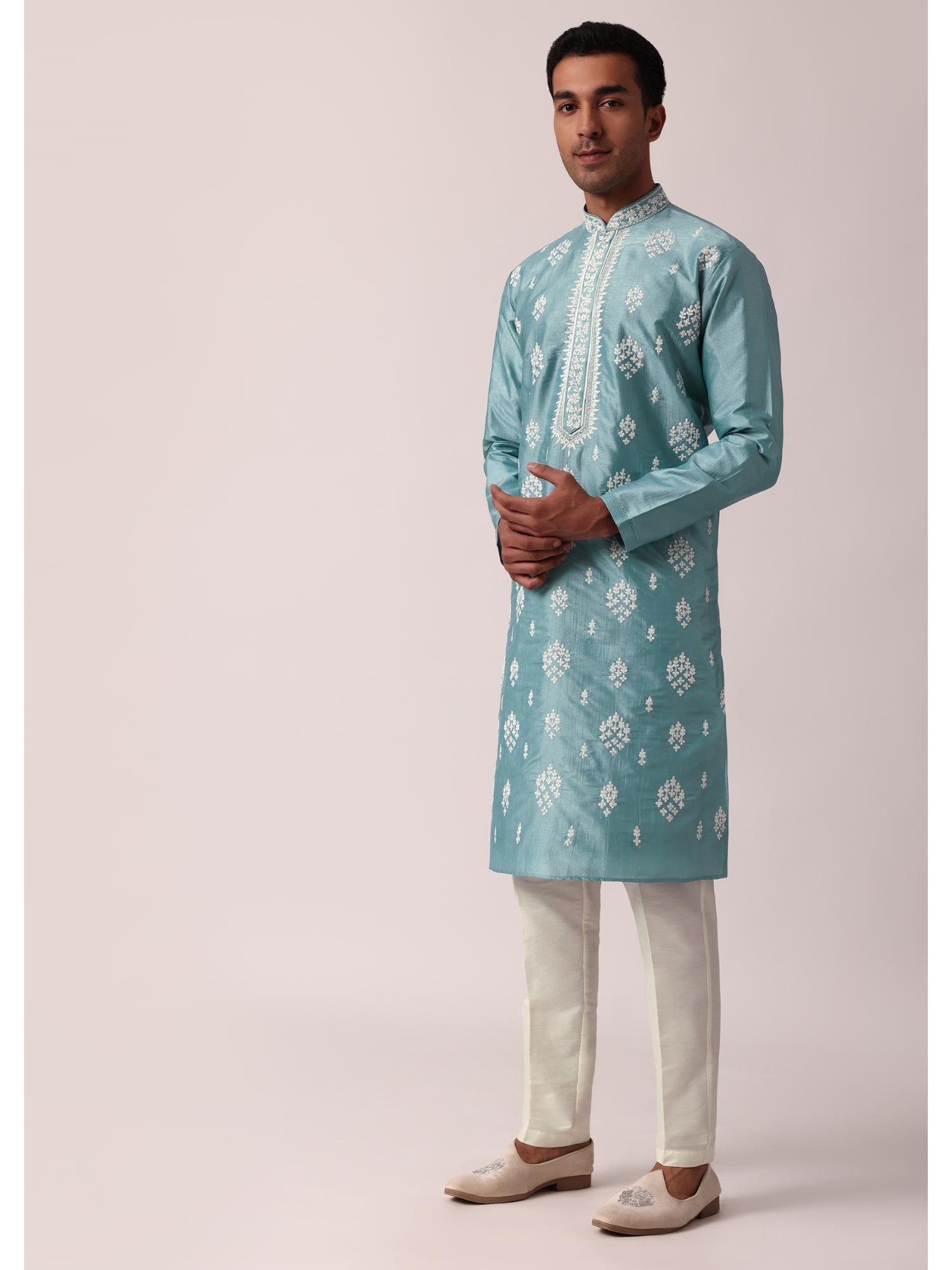 timeless blue silk kurta with pant for men (set of 2)