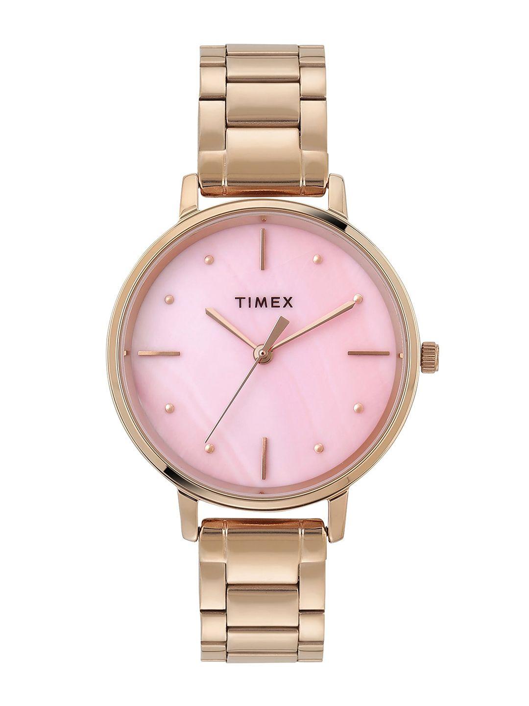 timex brass dial & rose gold toned stainless steel straps analogue watch twel15807