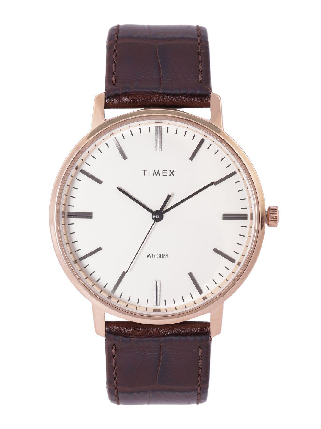 timex men beige brass dial & brown croc textured leather straps analogue watch tw0tg8002