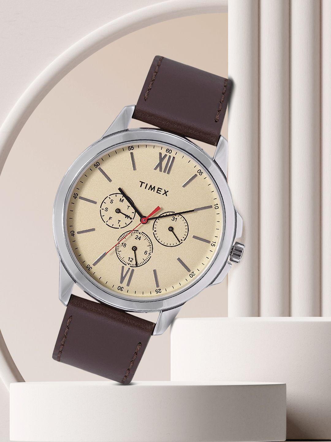 timex men beige brass dial & brown leather straps analogue watch tweg165smu01