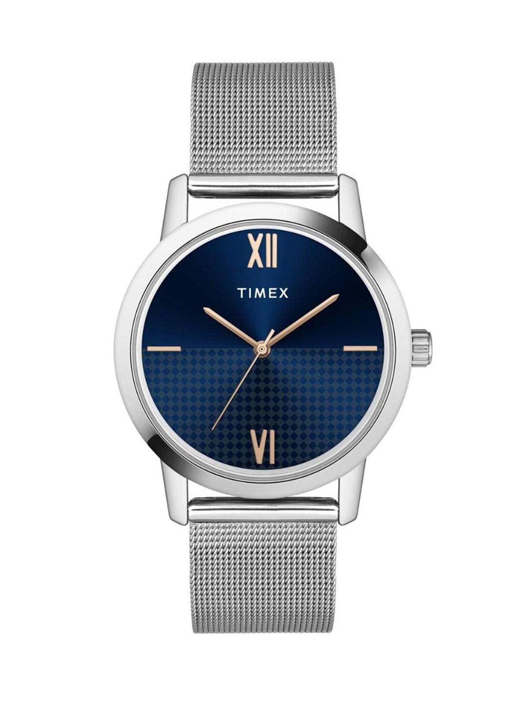 timex men blue brass printed dial & steel toned stainless steel bracelet style straps analogue watch