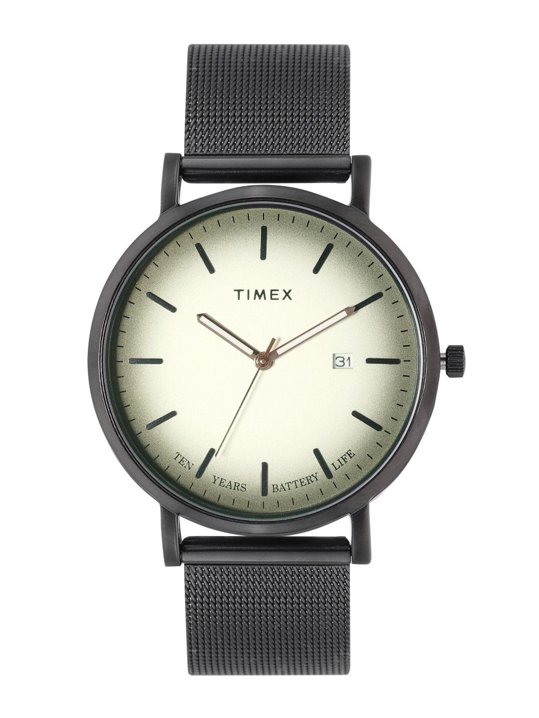 timex men off-white dial & black stainless steel bracelet straps analogue watch tweg17705