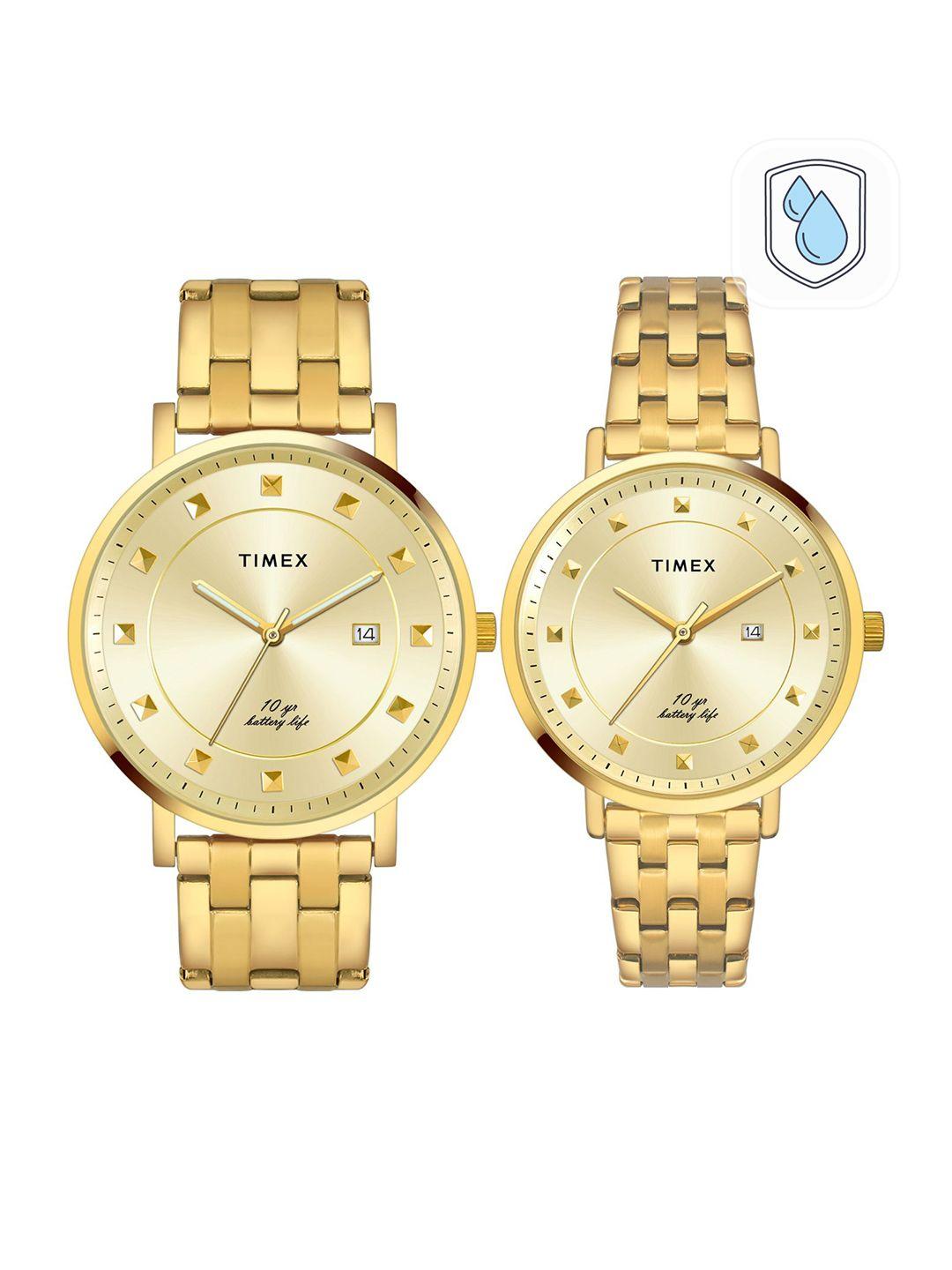 timex unisex brass dial bracelet style straps analogue watch set tw00pr280