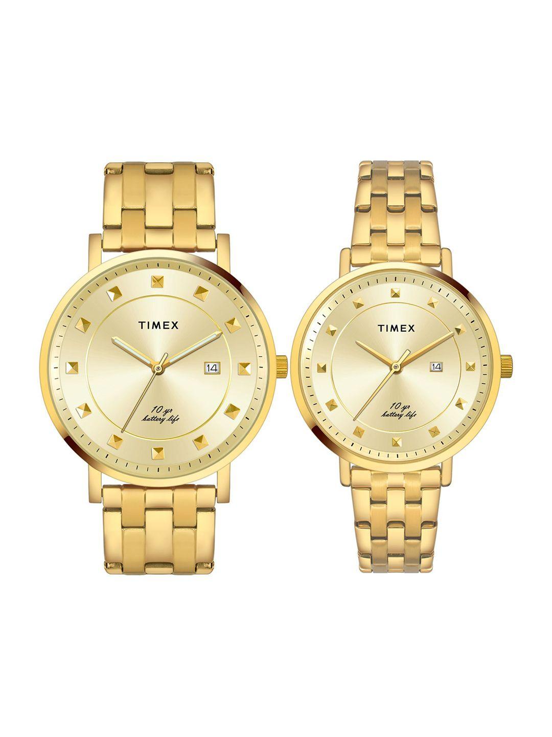 timex unisex gold-toned brass dial & gold toned stainless steel bracelet style straps analogue watch