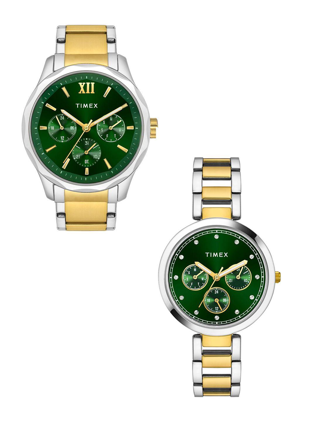 timex unisex green brass dial & multicoloured stainless steel analogue watch-tw00pr278