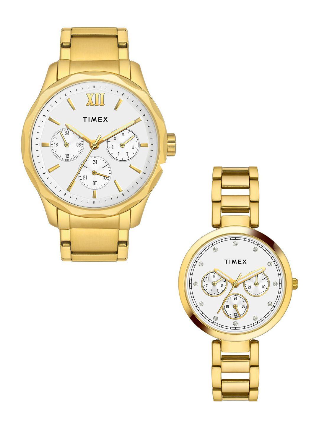 timex unisex silver-toned brass dial & gold toned stainless steel bracelet style straps analogue watch