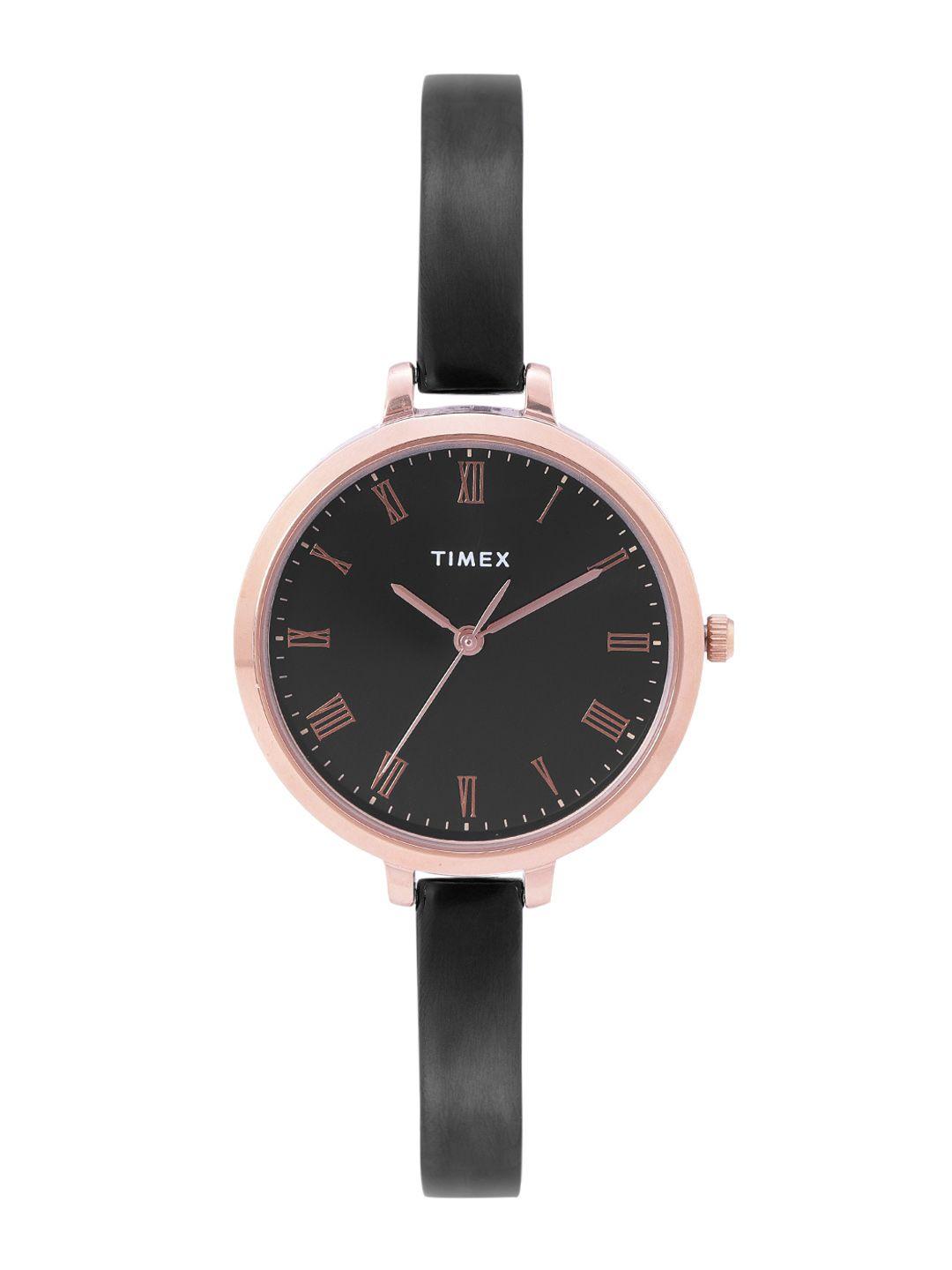 timex women black brass dial & black bracelet style straps analogue watch twel12818