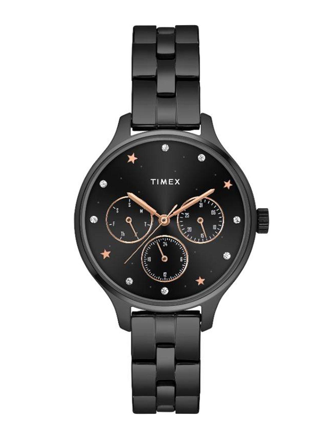 timex women black brass embellished dial & black stainless steel bracelet style straps analogue watch