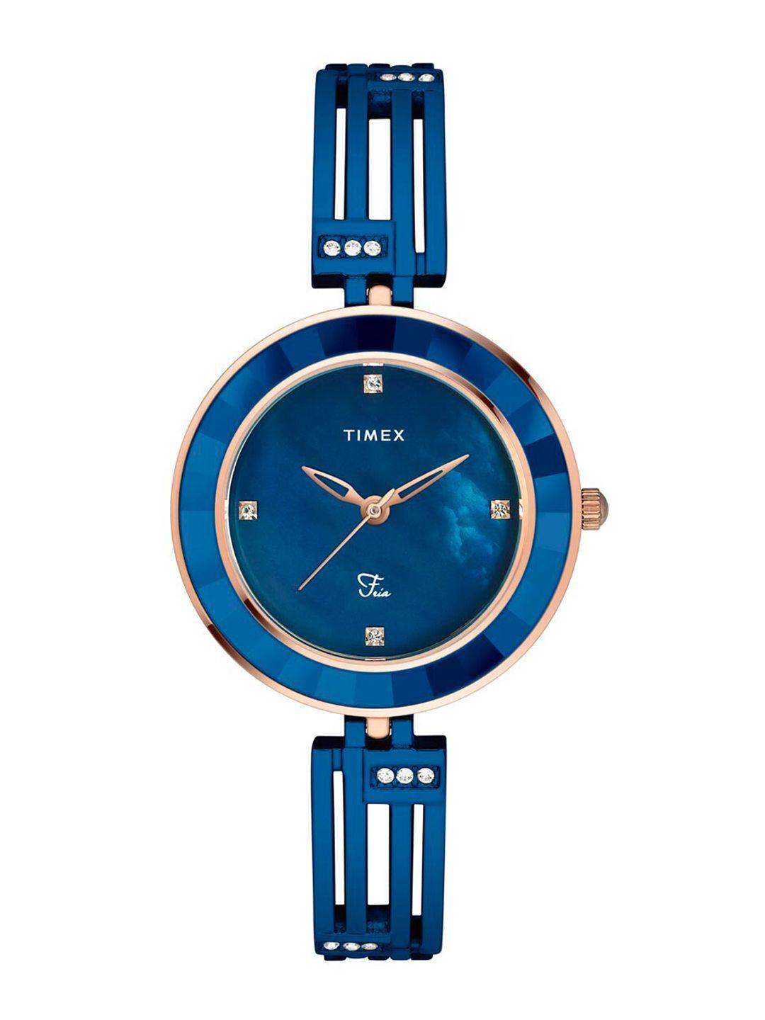 timex women blue brass dial & blue bracelet style straps analogue watch