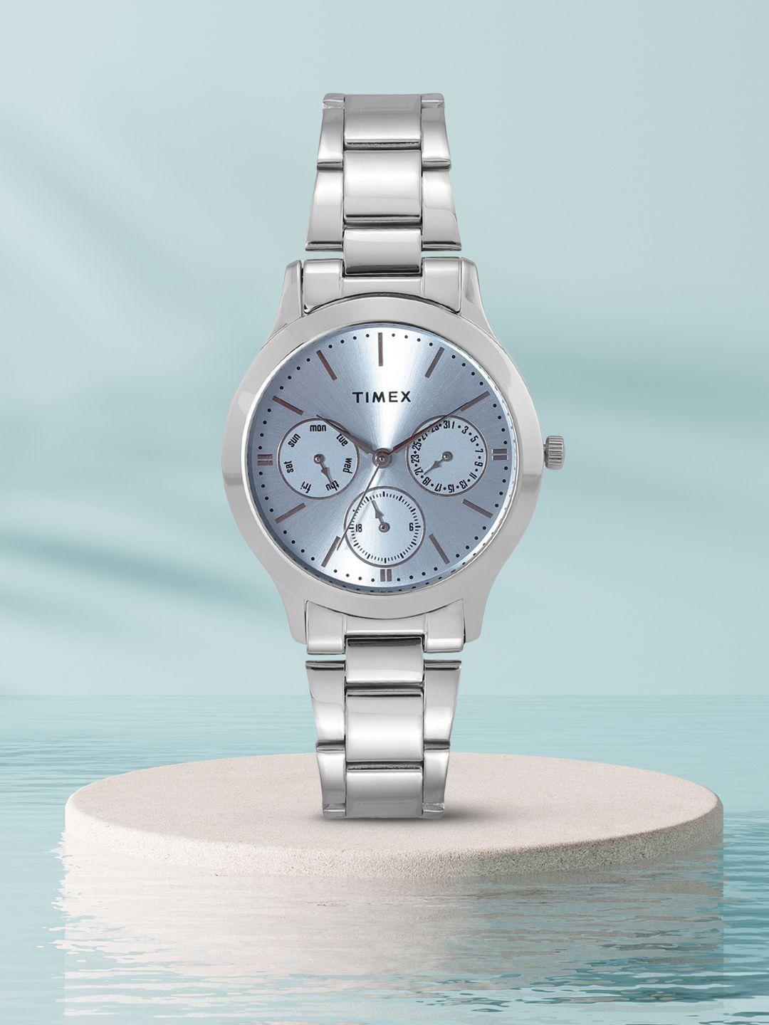 timex women blue dial & silver toned bracelet style analogue watch twel98smu03