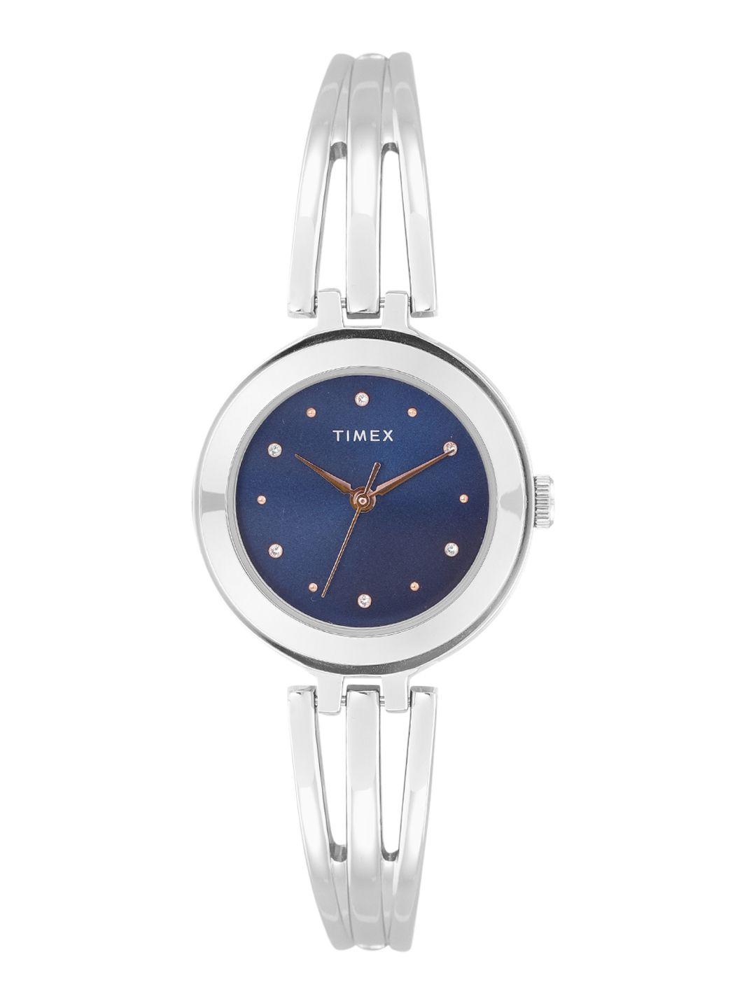 timex women blue embellished dial & silver-toned bracelet style analogue watch twtl10303