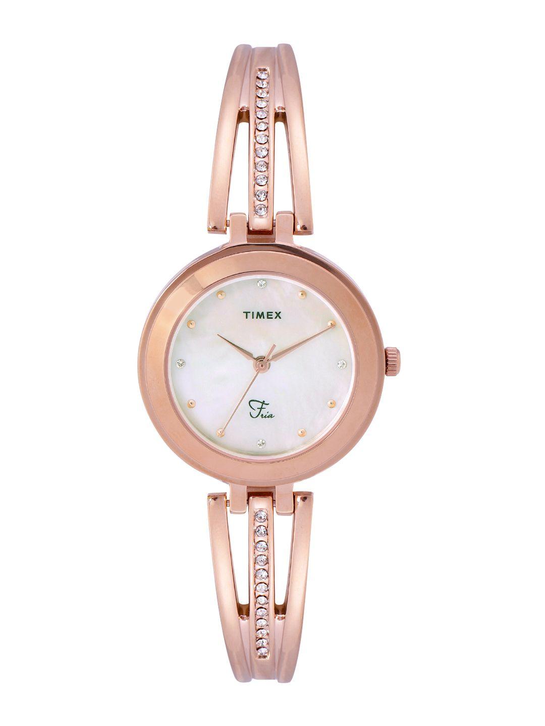 timex women brass mother of pearl dial & bracelet style straps fria analogue watch- twtl103smu03