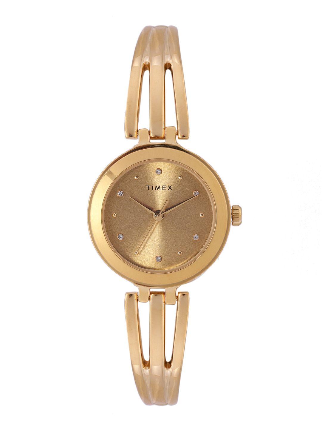 timex women gold-toned brass embellished dial & gold toned analogue watch twtl10304