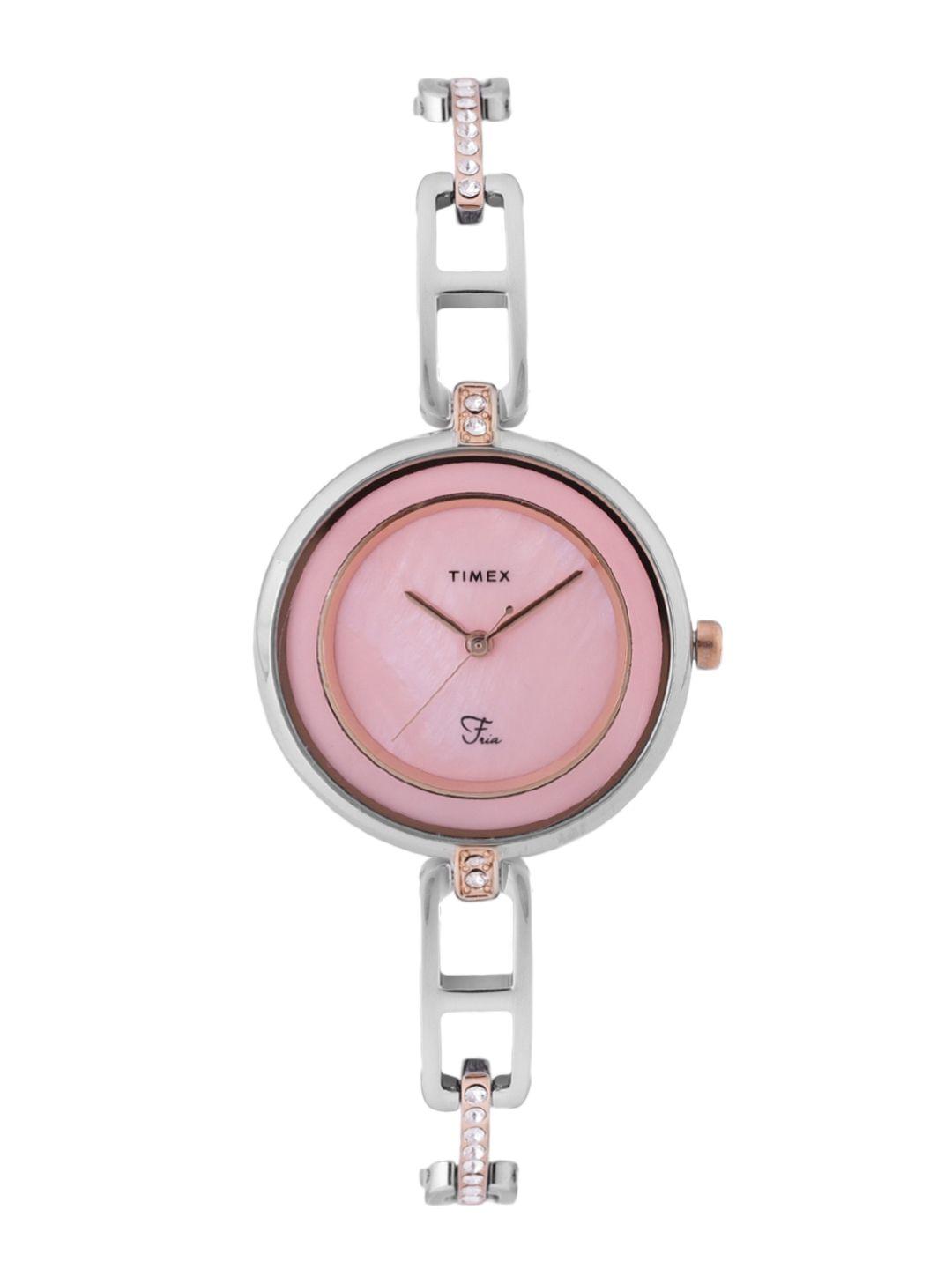 timex women pink dial & silver toned analogue watch twel15403