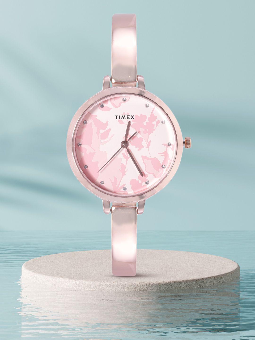 timex women pink floral printed analogue watch twel128smu02