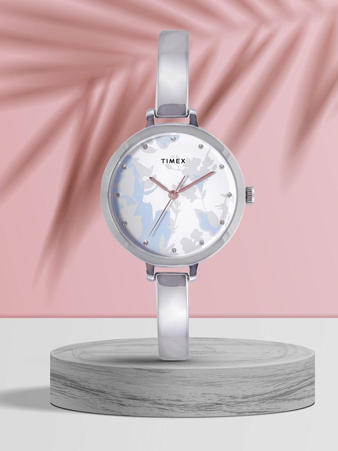 timex women white & grey floral print analogue watch twel128smu01