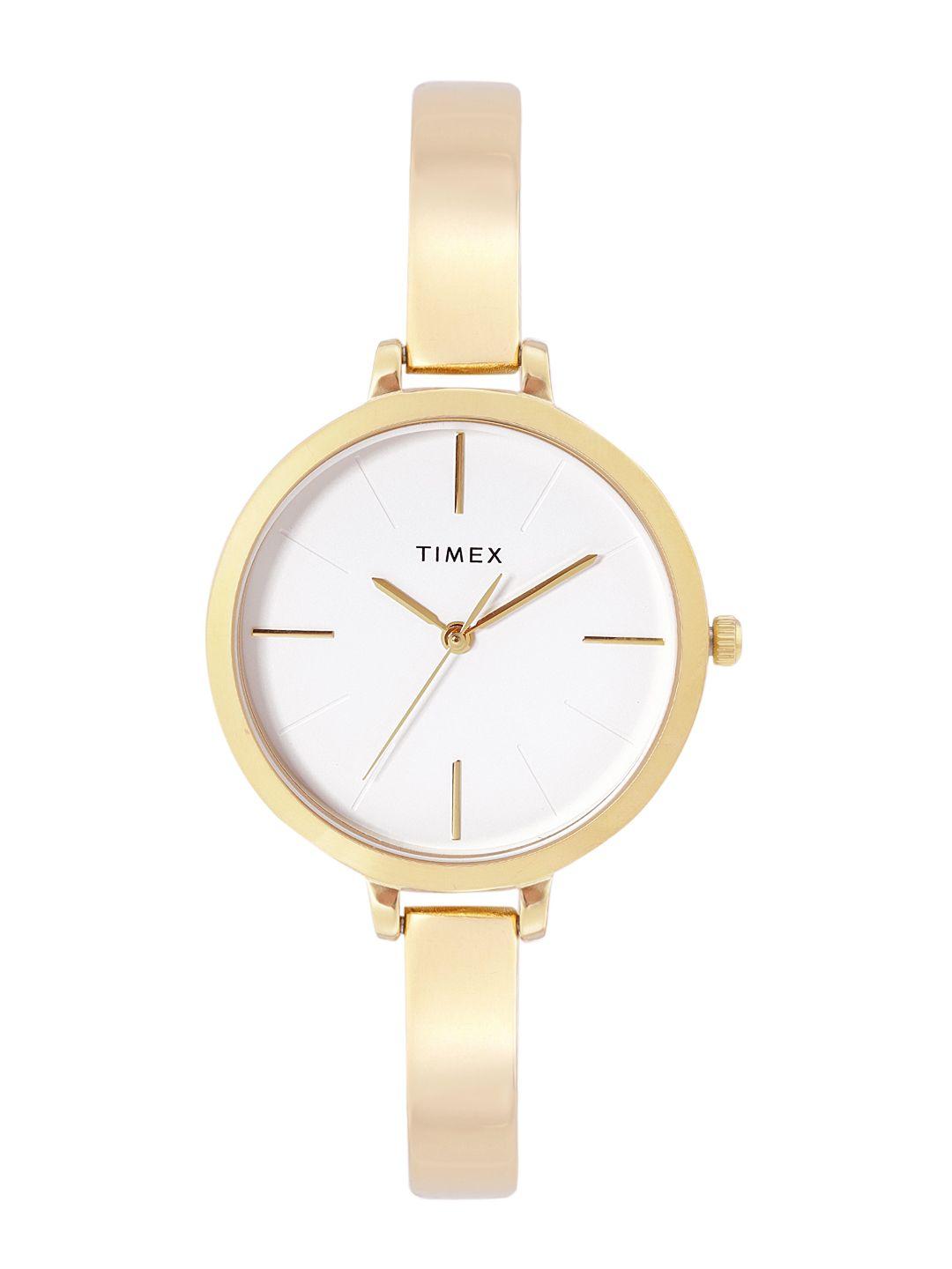 timex women white dial & gold toned stainless steel analogue watch-twel12820
