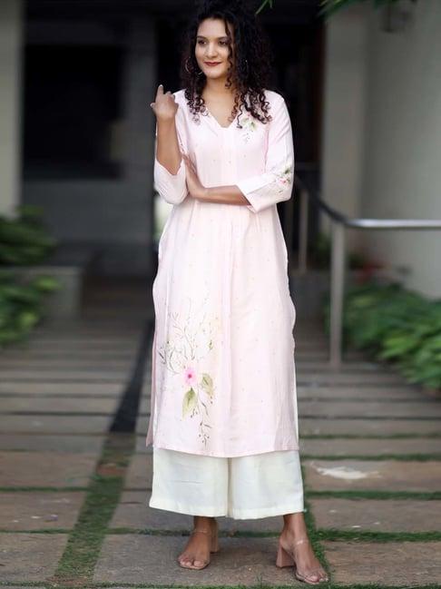 tina eapen rosy rhythm staple silk kurta with roses and grey coloured designs and buttons